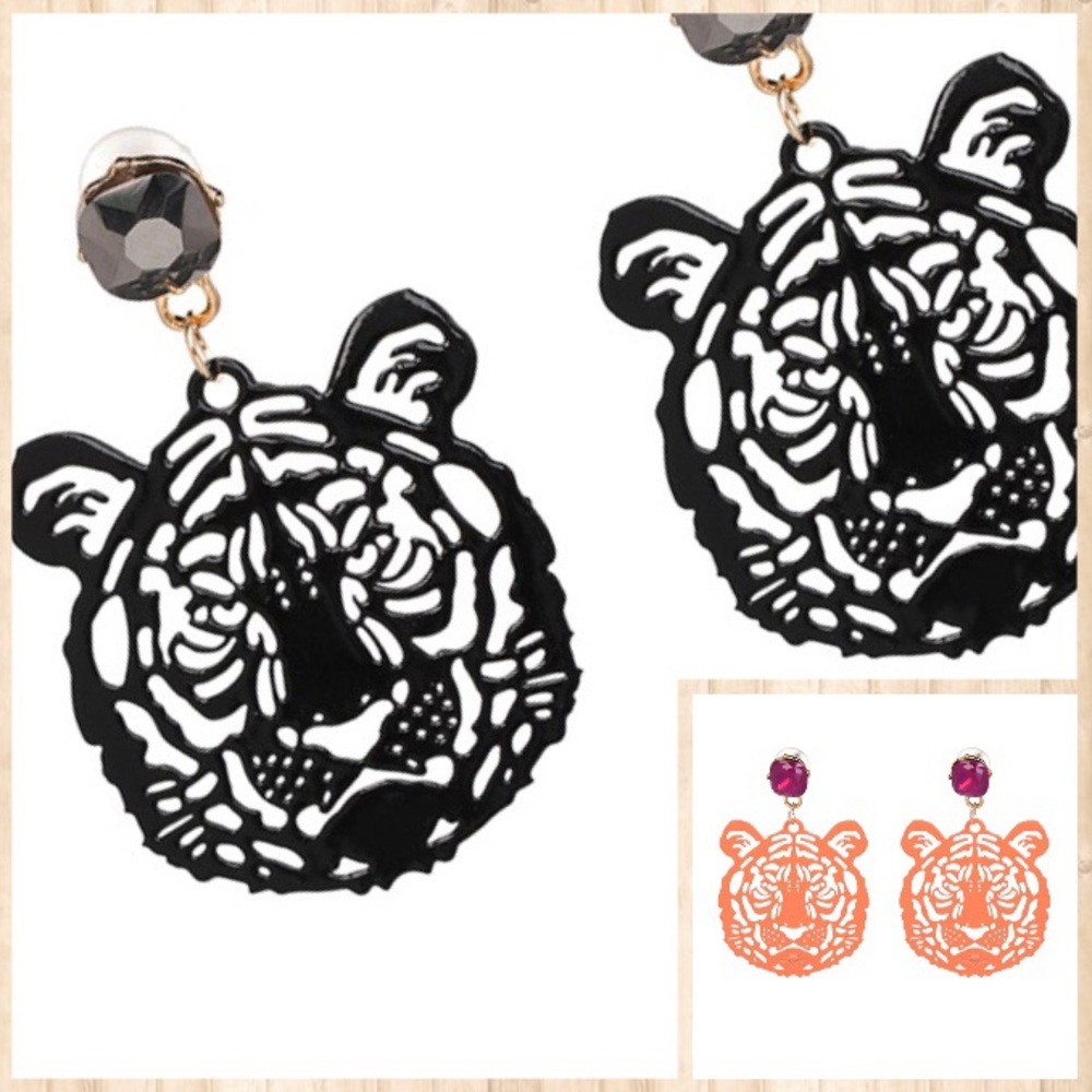 🛍 Black or Orange Tiger Cutout Earrings Metal - Picture 1 of 9
